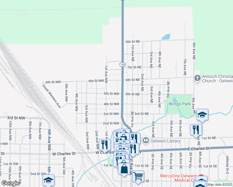 map of restaurants, bars, coffee shops, grocery stores, and more near 16 5th Street Northwest in Oelwein