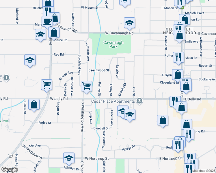 map of restaurants, bars, coffee shops, grocery stores, and more near 5015 Palmer Street in Lansing