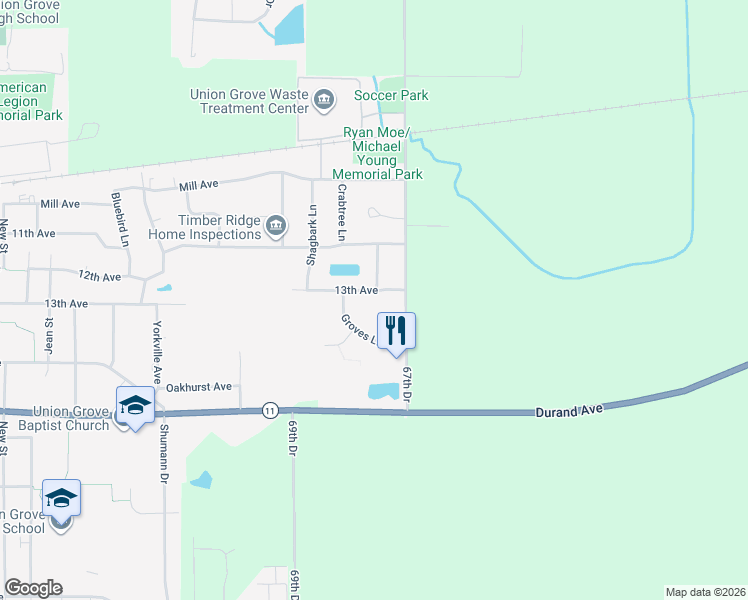 map of restaurants, bars, coffee shops, grocery stores, and more near 113 13th Ave in Union Grove