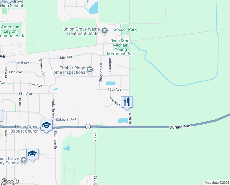 map of restaurants, bars, coffee shops, grocery stores, and more near 113 13th Avenue in Union Grove
