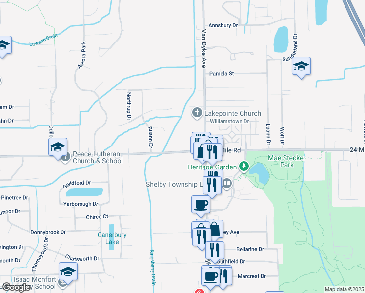 map of restaurants, bars, coffee shops, grocery stores, and more near 7843 24 Mile Road in Shelby charter Township