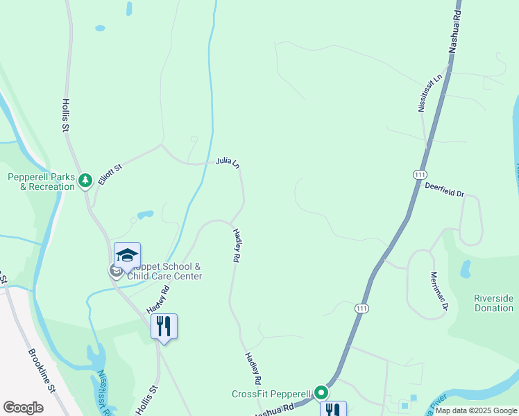 map of restaurants, bars, coffee shops, grocery stores, and more near 3 Julia Lane in Pepperell