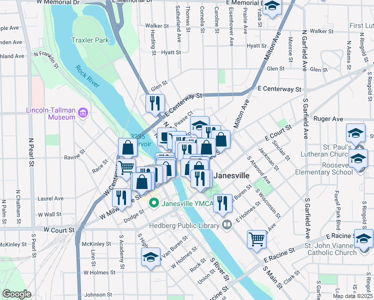map of restaurants, bars, coffee shops, grocery stores, and more near 121 North Parker Drive in Janesville