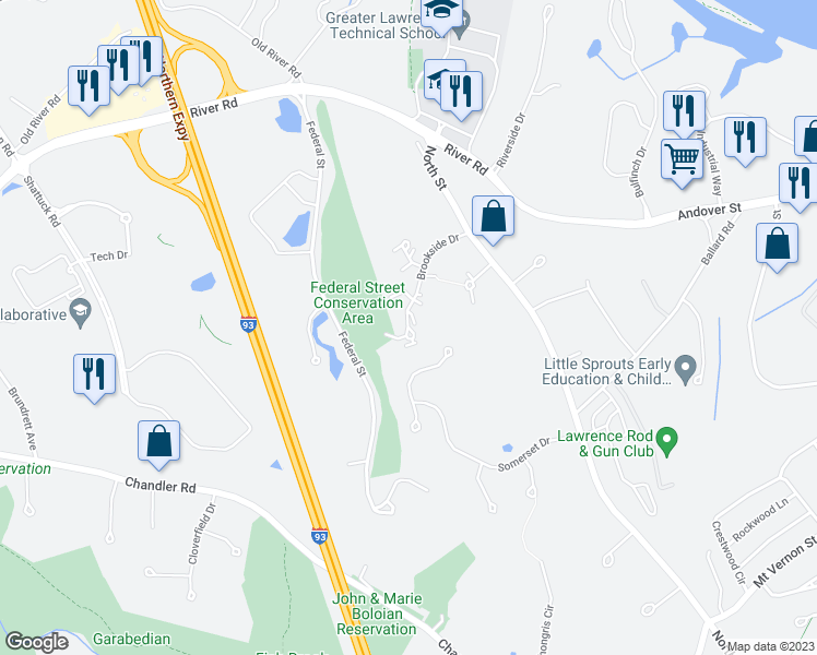 map of restaurants, bars, coffee shops, grocery stores, and more near 925 Brookside Drive in Andover