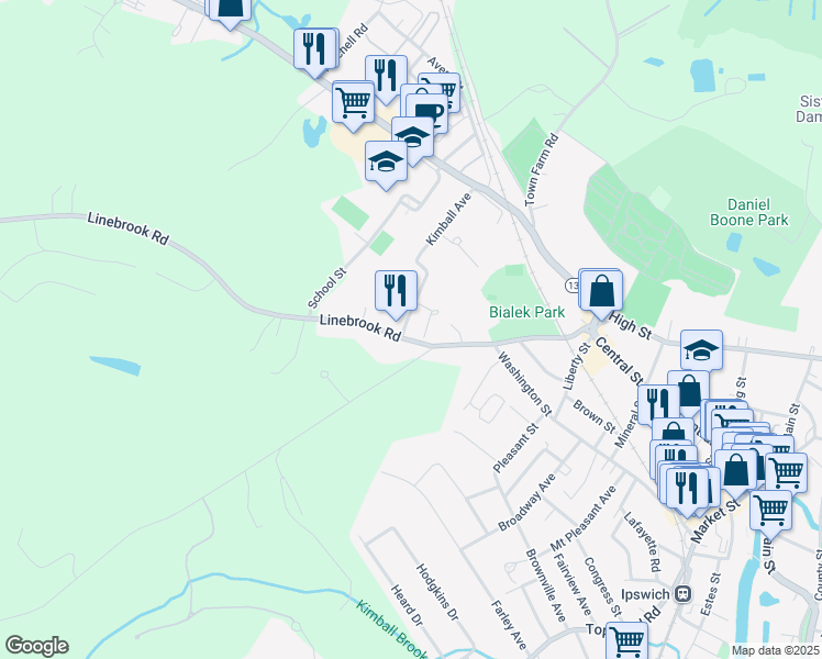 map of restaurants, bars, coffee shops, grocery stores, and more near 47 Linebrook Road in Ipswich