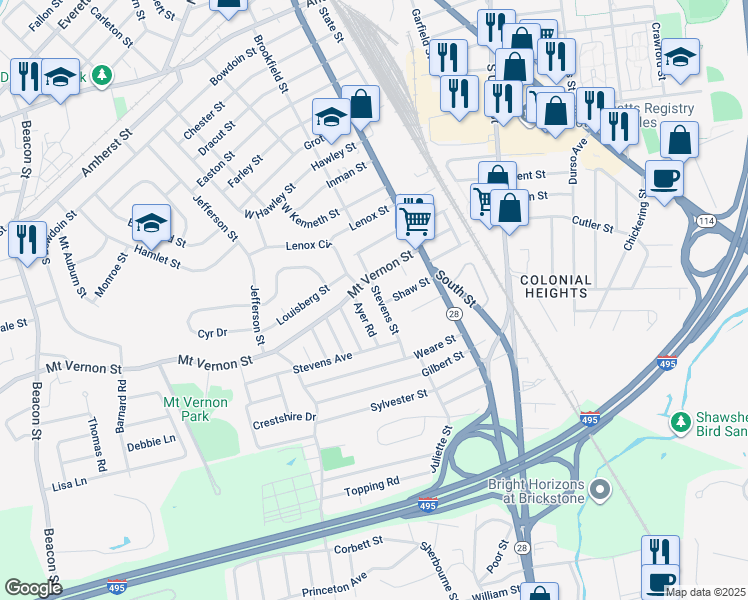 map of restaurants, bars, coffee shops, grocery stores, and more near 14 Ayer Road in Lawrence