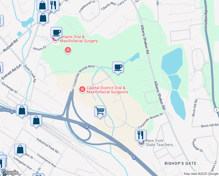 map of restaurants, bars, coffee shops, grocery stores, and more near 11 Corporate Woods Blvd in Albany