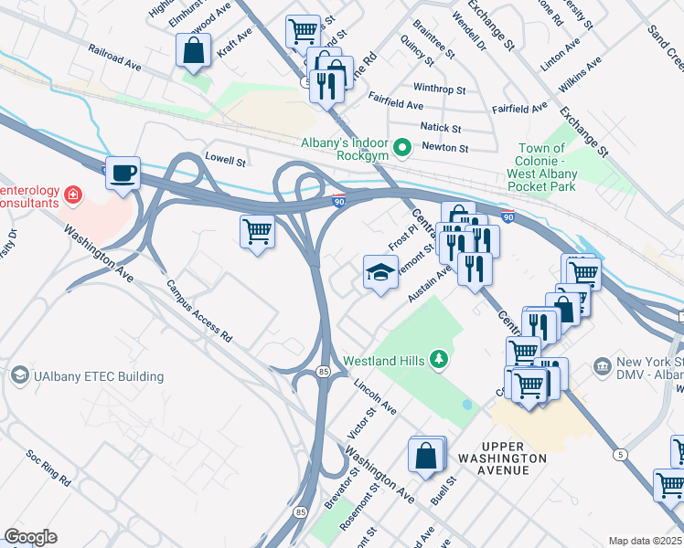 map of restaurants, bars, coffee shops, grocery stores, and more near 4 Elmo Road in Colonie