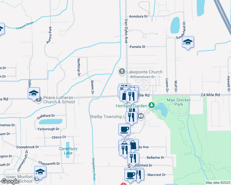 map of restaurants, bars, coffee shops, grocery stores, and more near 7760 24 Mile Road in Macomb County