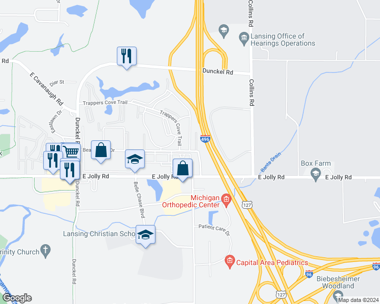 map of restaurants, bars, coffee shops, grocery stores, and more near 3338 BeauJardin Drive in Lansing
