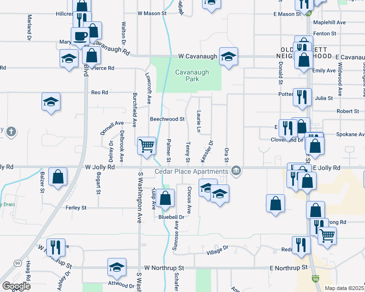map of restaurants, bars, coffee shops, grocery stores, and more near 5015 Palmer Street in Lansing