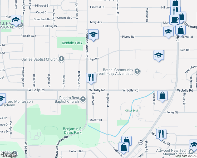 map of restaurants, bars, coffee shops, grocery stores, and more near 4933 Starr Avenue in Lansing
