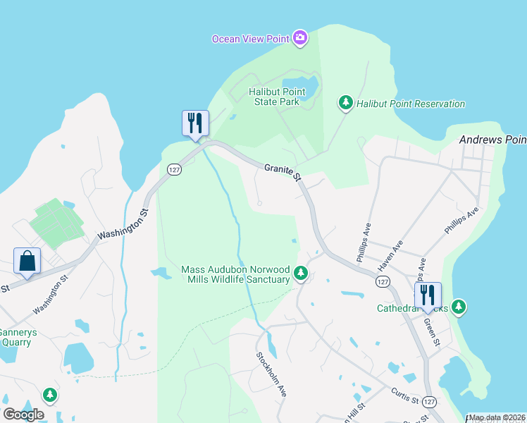 map of restaurants, bars, coffee shops, grocery stores, and more near 14 Woodbury Lane in Rockport