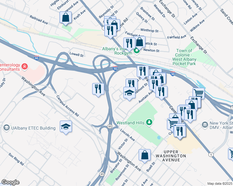 map of restaurants, bars, coffee shops, grocery stores, and more near 4 Elmo Road in Colonie