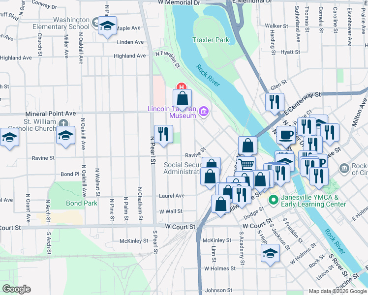 map of restaurants, bars, coffee shops, grocery stores, and more near 1002 Ravine Street in Janesville