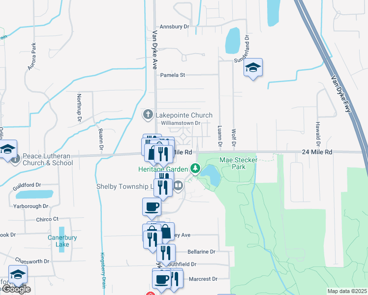 map of restaurants, bars, coffee shops, grocery stores, and more near 8264 Yorkshire Drive in Macomb County