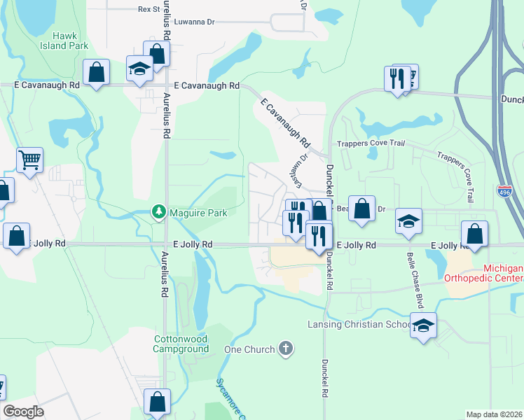 map of restaurants, bars, coffee shops, grocery stores, and more near 2401 East Jolly Road in Lansing