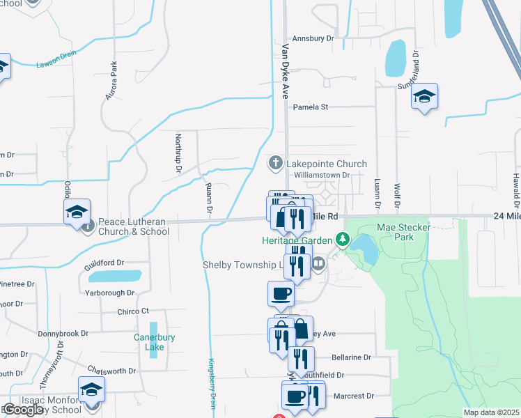 map of restaurants, bars, coffee shops, grocery stores, and more near 7839 24 Mile Road in Shelby Charter Township