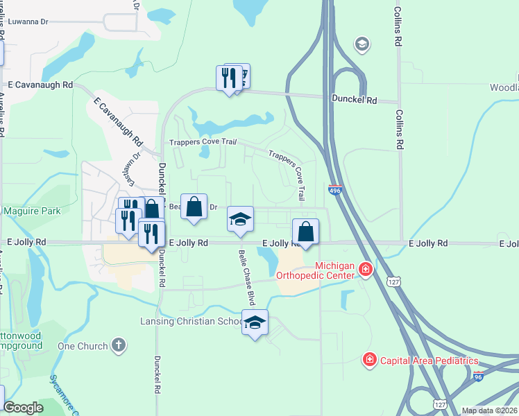 map of restaurants, bars, coffee shops, grocery stores, and more near 3029 Beau Jardin Drive in Lansing