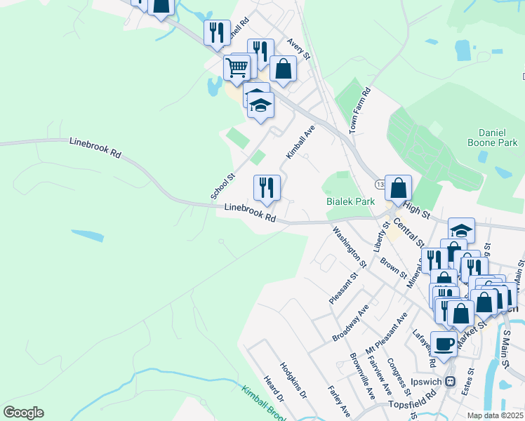 map of restaurants, bars, coffee shops, grocery stores, and more near 55 Linebrook Road in Ipswich
