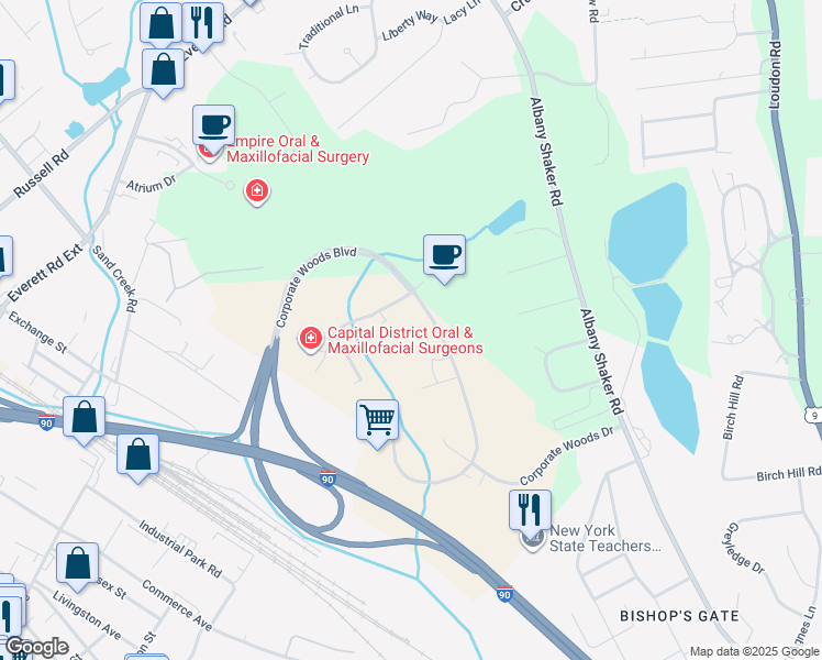map of restaurants, bars, coffee shops, grocery stores, and more near 11 Corporate Woods Boulevard in Albany