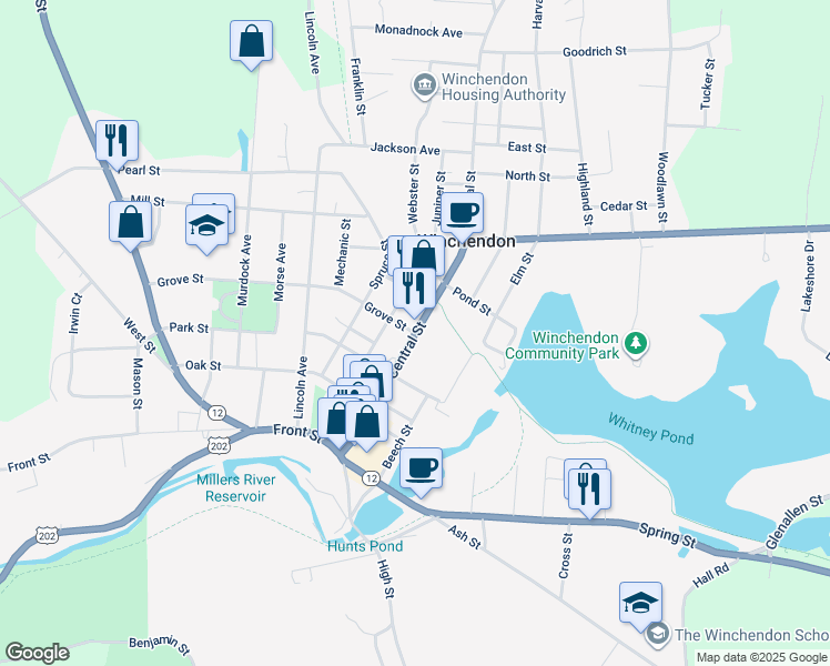 map of restaurants, bars, coffee shops, grocery stores, and more near 184 Central Street in Winchendon