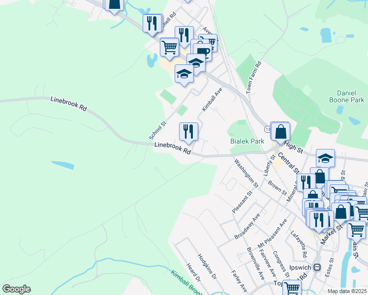 map of restaurants, bars, coffee shops, grocery stores, and more near 55 Linebrook Road in Ipswich