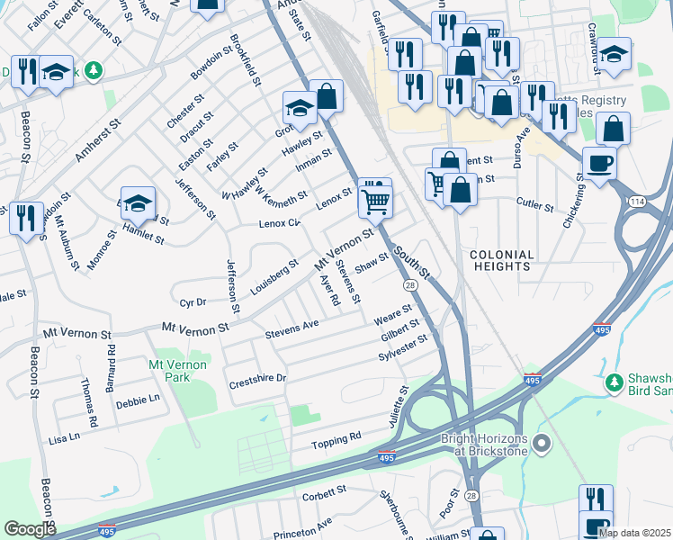 map of restaurants, bars, coffee shops, grocery stores, and more near 14 Ayer Road in Lawrence