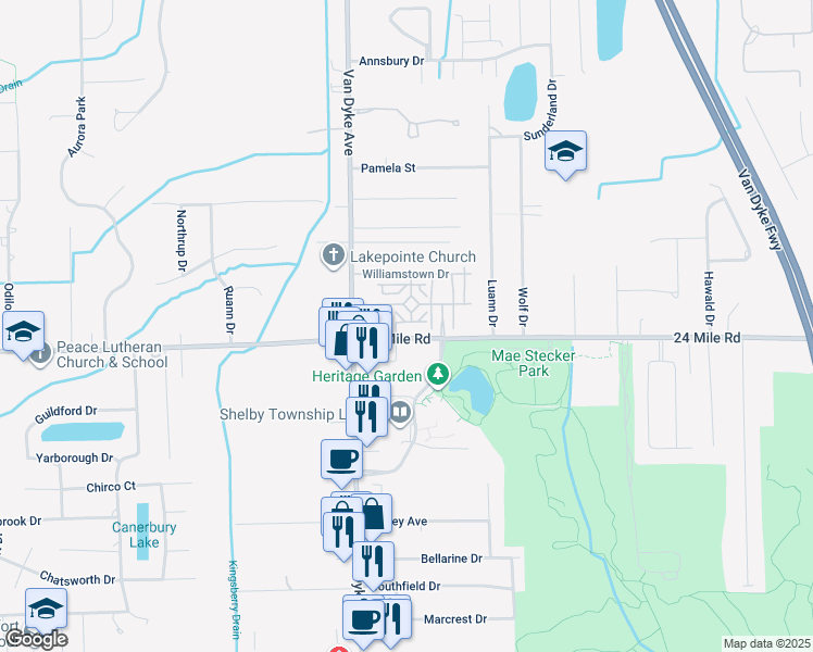 map of restaurants, bars, coffee shops, grocery stores, and more near 8128 24 Mile Road in Macomb County