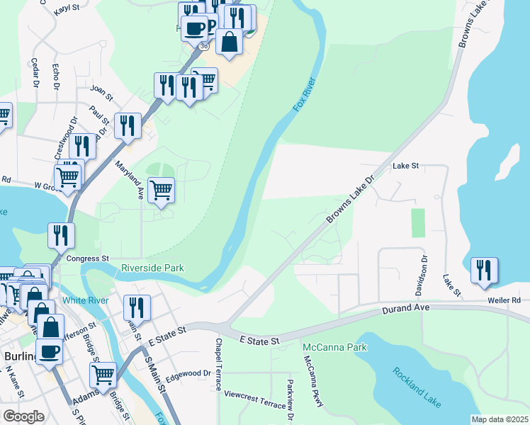 map of restaurants, bars, coffee shops, grocery stores, and more near 654 Foxtree Circle in Burlington