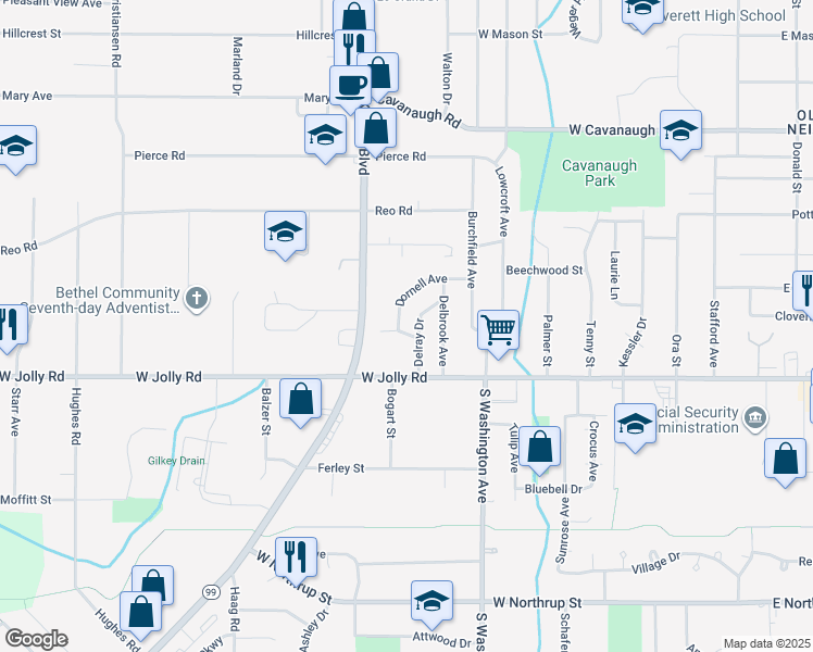 map of restaurants, bars, coffee shops, grocery stores, and more near 918 Belaire Avenue in Lansing