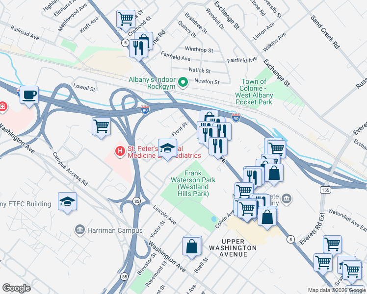 map of restaurants, bars, coffee shops, grocery stores, and more near 18 Austain Avenue in Albany