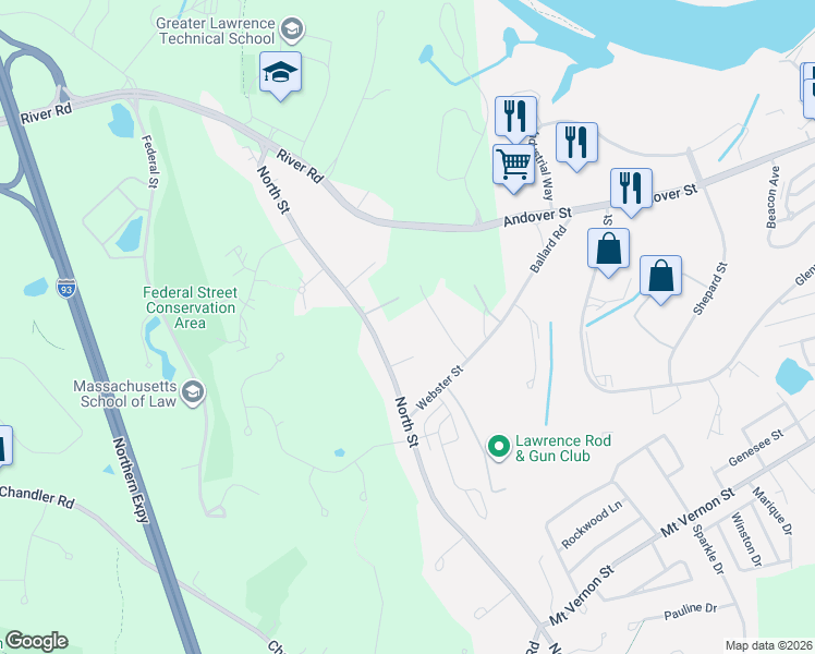 map of restaurants, bars, coffee shops, grocery stores, and more near 87 North Street in Andover