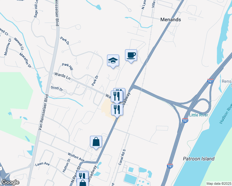 map of restaurants, bars, coffee shops, grocery stores, and more near 11 Wards Lane in Menands