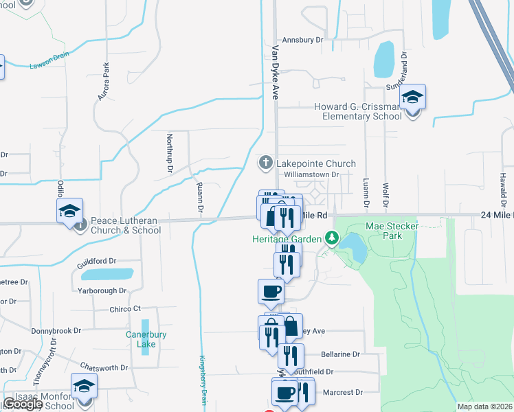 map of restaurants, bars, coffee shops, grocery stores, and more near 7760 24 Mile Road in Macomb County