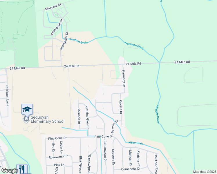 map of restaurants, bars, coffee shops, grocery stores, and more near 19795 Glimmer Drive in Macomb