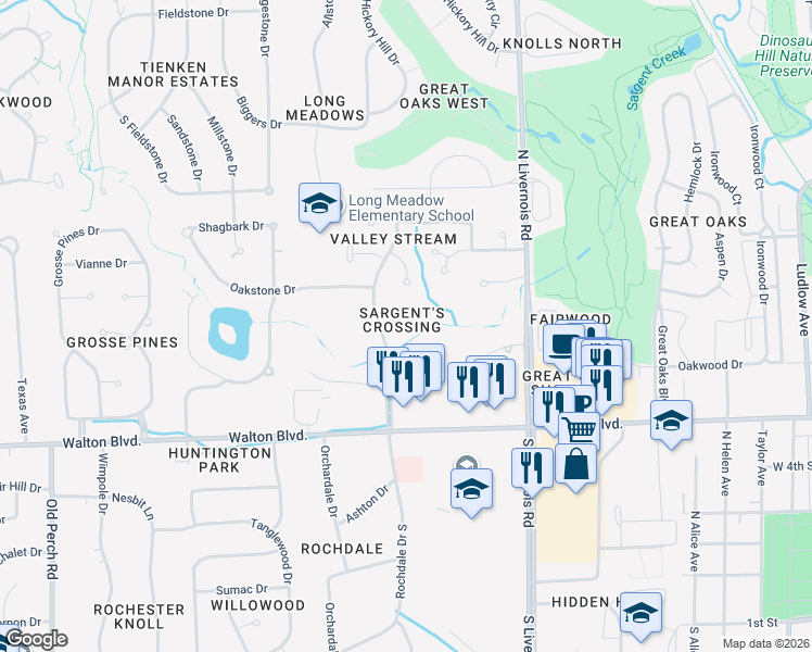 map of restaurants, bars, coffee shops, grocery stores, and more near 250 Marmoor Court in Rochester Hills