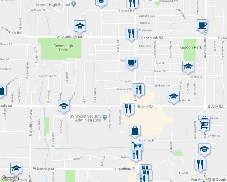 map of restaurants, bars, coffee shops, grocery stores, and more near 5020 South Cedar Street in Lansing