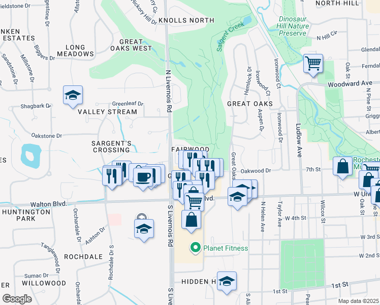 map of restaurants, bars, coffee shops, grocery stores, and more near 1265 Oakwood Court in Rochester Hills