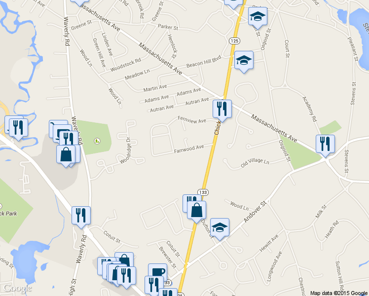 map of restaurants, bars, coffee shops, grocery stores, and more near 72 Farrwood Avenue in North Andover