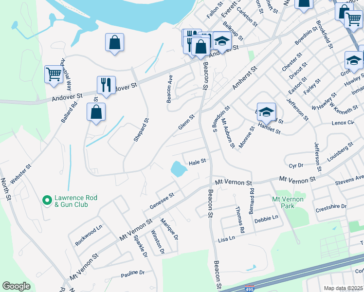 map of restaurants, bars, coffee shops, grocery stores, and more near 36 Adams Street in Lawrence
