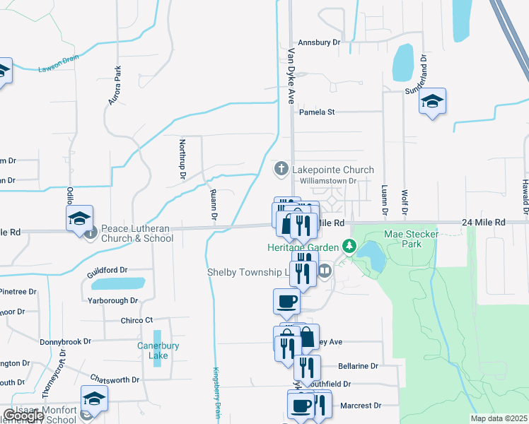 map of restaurants, bars, coffee shops, grocery stores, and more near 7760 24 Mile Road in Macomb County