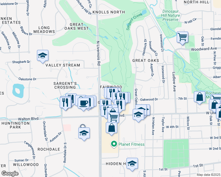 map of restaurants, bars, coffee shops, grocery stores, and more near 1265 Oakwood Court in Rochester Hills