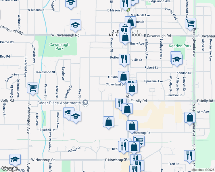 map of restaurants, bars, coffee shops, grocery stores, and more near 225 East Jolly Road in Lansing