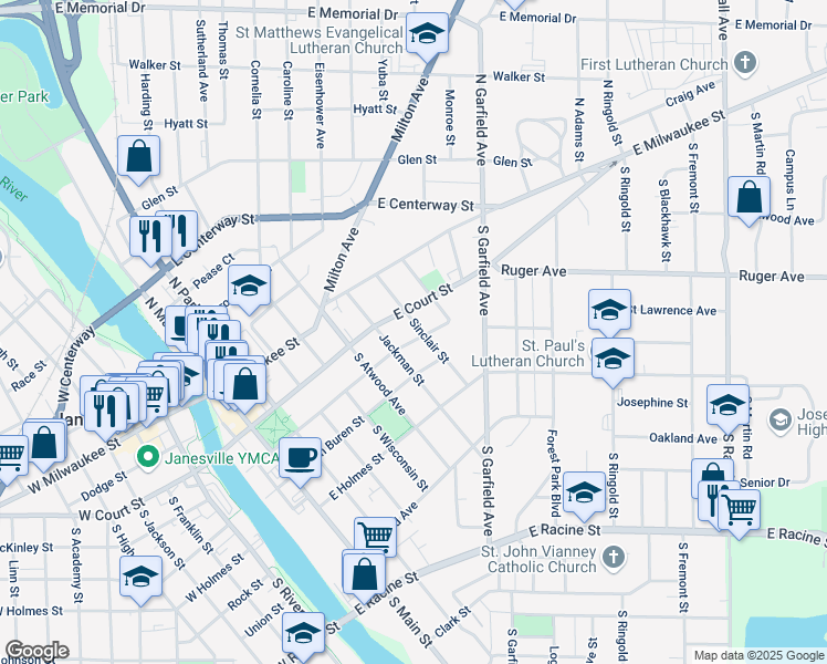 map of restaurants, bars, coffee shops, grocery stores, and more near 118 Sinclair Street in Janesville