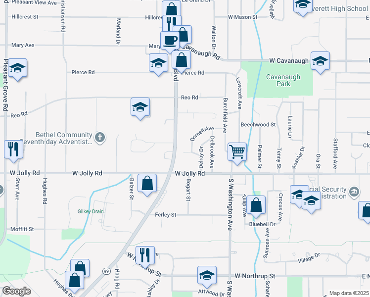 map of restaurants, bars, coffee shops, grocery stores, and more near 1012 Belaire Avenue in Lansing