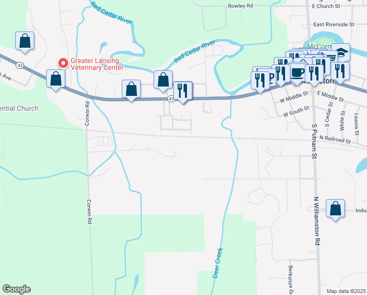 map of restaurants, bars, coffee shops, grocery stores, and more near 3416 Corwin Road in Williamston