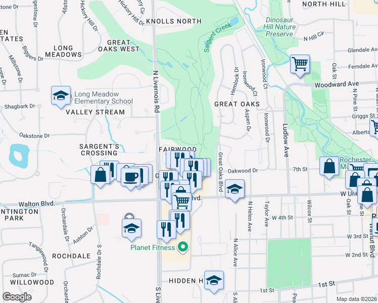 map of restaurants, bars, coffee shops, grocery stores, and more near 1291 Oakwood Court in Rochester Hills