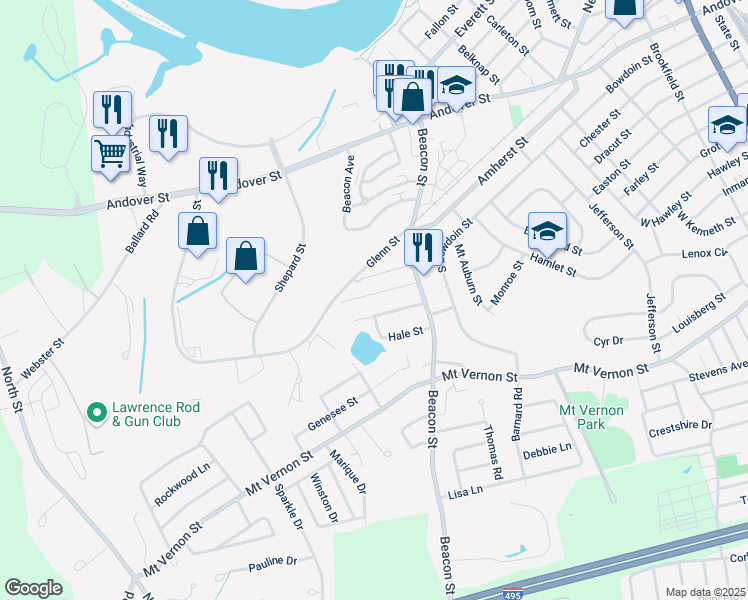 map of restaurants, bars, coffee shops, grocery stores, and more near 36 Adams Street in Lawrence