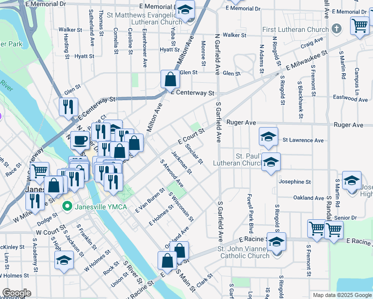 map of restaurants, bars, coffee shops, grocery stores, and more near 118 Sinclair Street in Janesville